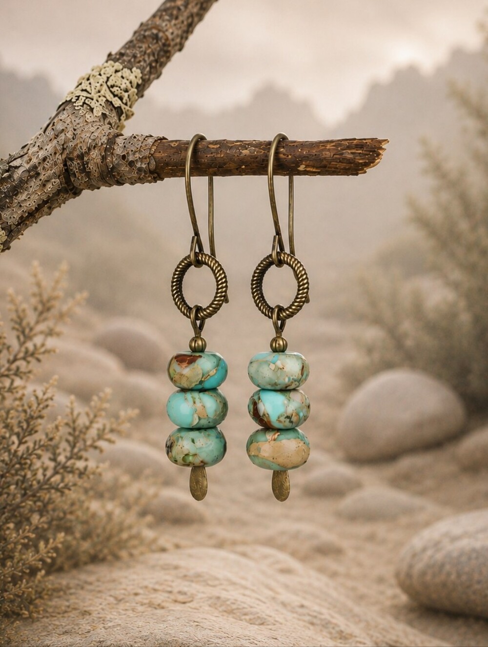 Serpentine Jasper Earrings Antiqued Brass Aqua Stone Hand Crafted